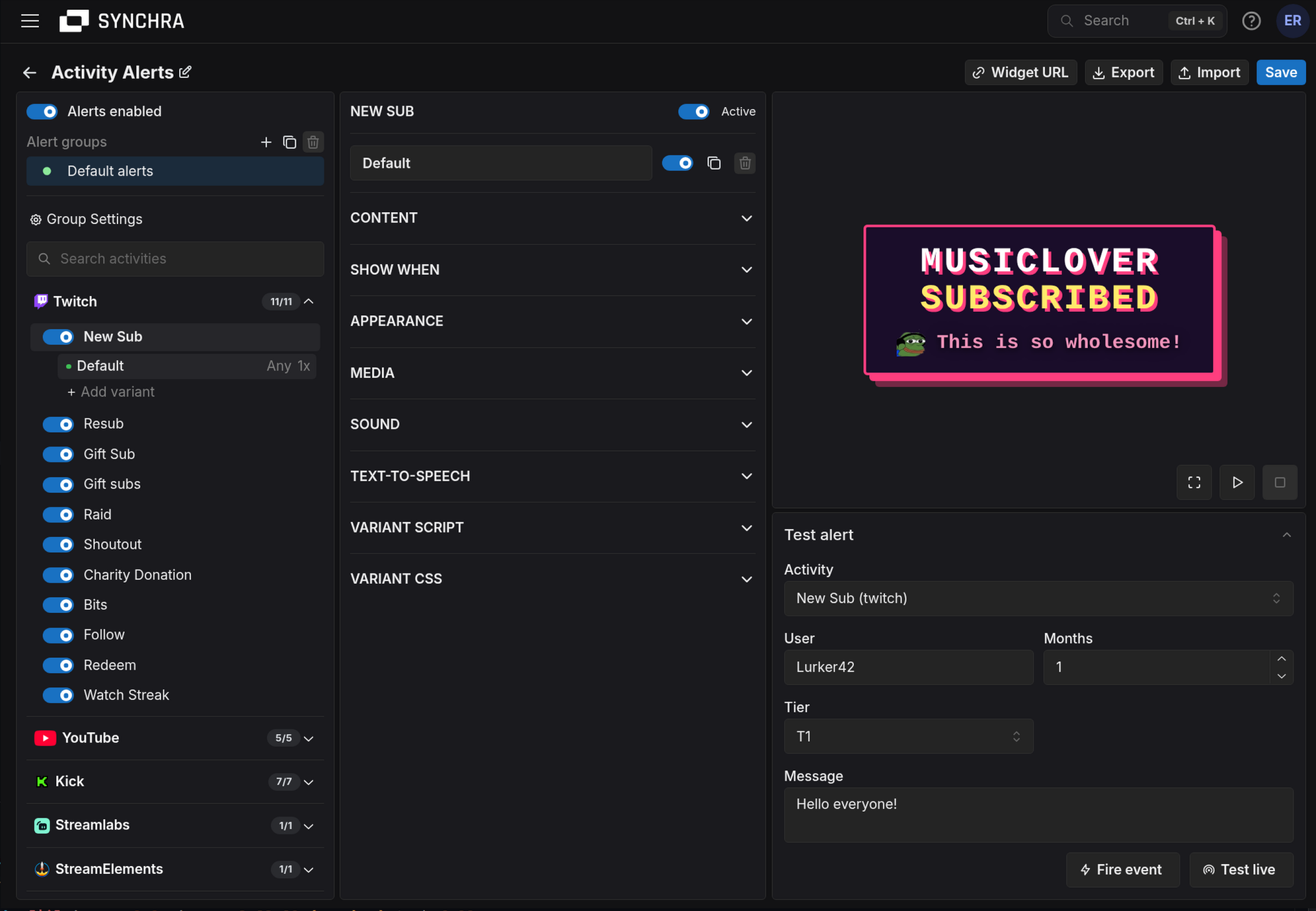 Activity Alert Widget editor screenshot.