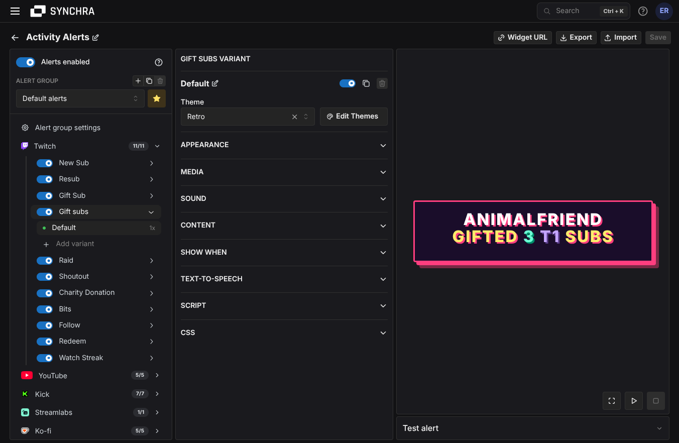 Synchra activity alerts editor showing themes, groups and variants
