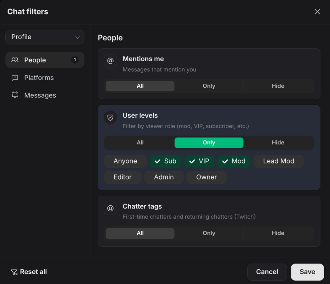 Synchra chat filter options for hiding noise from combined chat